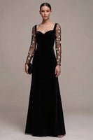 Load image into Gallery viewer, Black Velvet A Line Floral Long Sleeves Evening Dress