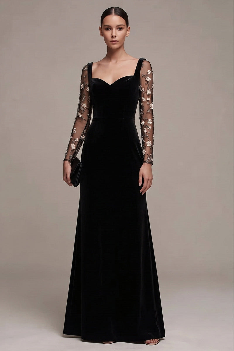 Load image into Gallery viewer, Black Velvet A Line Floral Long Sleeves Evening Dress