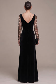 Black Velvet A Line Floral Long Sleeves Evening Dress