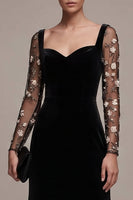 Load image into Gallery viewer, Black Velvet A Line Floral Long Sleeves Evening Dress