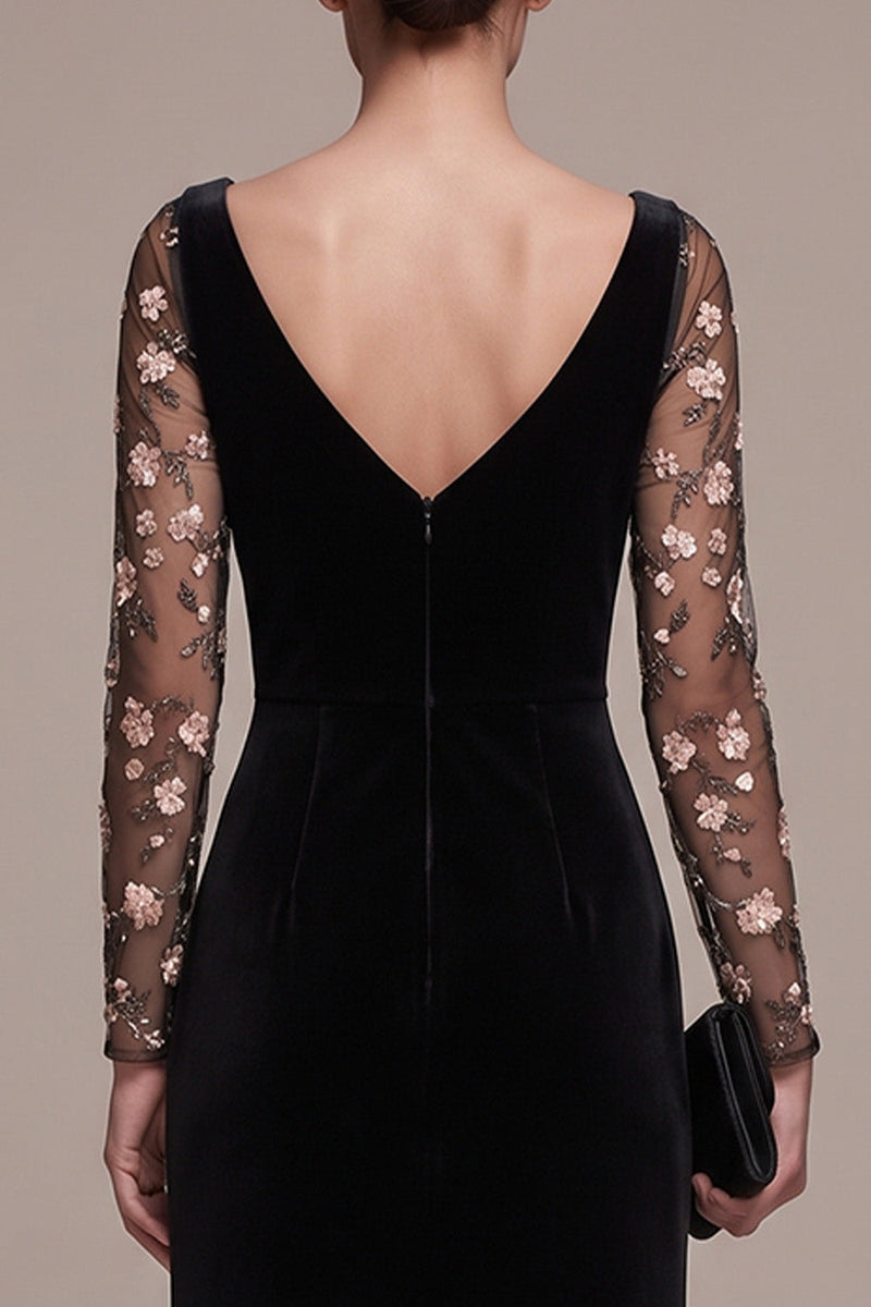 Load image into Gallery viewer, Black Velvet A Line Floral Long Sleeves Evening Dress