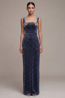 Load image into Gallery viewer, Sparkly Dusty Blue Sheath Velvet Floral Long Evening Dress with Slit