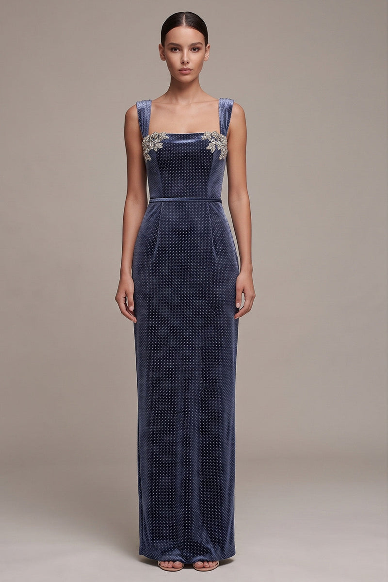 Load image into Gallery viewer, Sparkly Dusty Blue Sheath Velvet Floral Long Evening Dress with Slit
