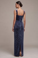 Load image into Gallery viewer, Sparkly Dusty Blue Sheath Velvet Floral Long Evening Dress with Slit