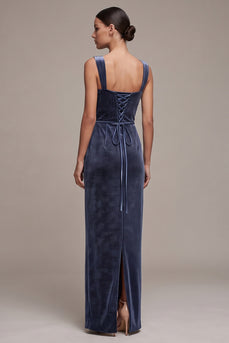 Sparkly Dusty Blue Sheath Velvet Floral Long Evening Dress with Slit