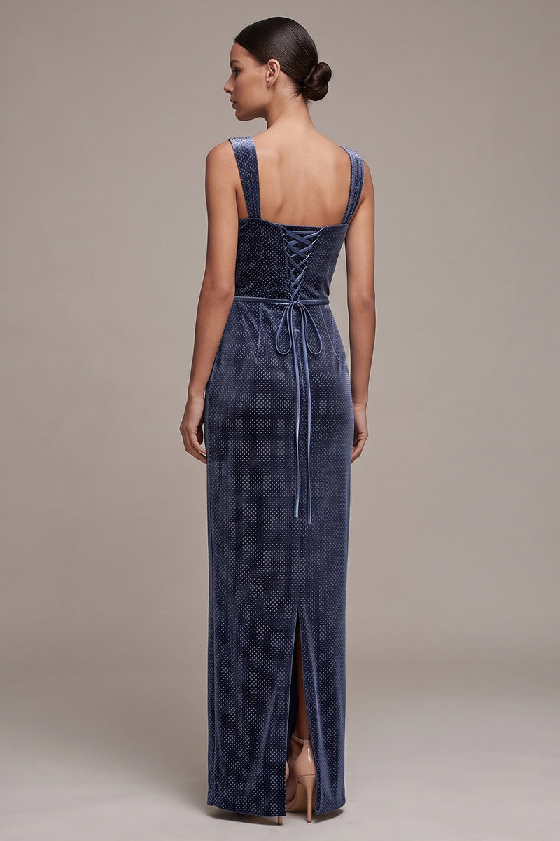 Load image into Gallery viewer, Sparkly Dusty Blue Sheath Velvet Floral Long Evening Dress with Slit