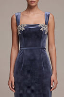Load image into Gallery viewer, Sparkly Dusty Blue Sheath Velvet Floral Long Evening Dress with Slit