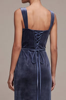 Load image into Gallery viewer, Sparkly Dusty Blue Sheath Velvet Floral Long Evening Dress with Slit