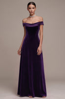 Load image into Gallery viewer, Simple Plum Velvet A-Line Off the Shoulder Long Evening Dress