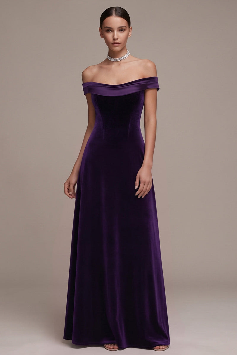 Load image into Gallery viewer, Simple Plum Velvet A-Line Off the Shoulder Long Evening Dress