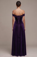 Load image into Gallery viewer, Simple Plum Velvet A-Line Off the Shoulder Long Evening Dress