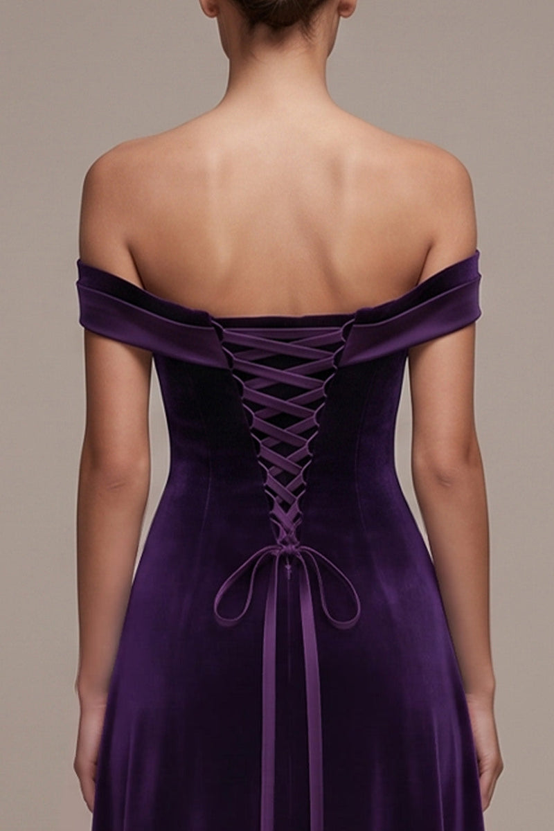 Load image into Gallery viewer, Simple Plum Velvet A-Line Off the Shoulder Long Evening Dress