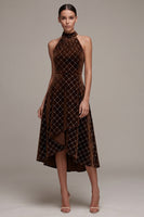 Load image into Gallery viewer, Sparkly Coffee Plaid Velvet Beaded Halter High-Low Evening Dress with Bow