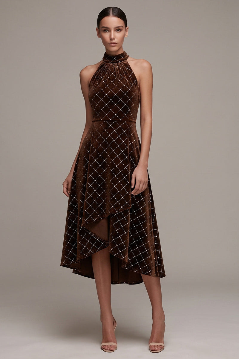 Load image into Gallery viewer, Sparkly Coffee Plaid Velvet Beaded Halter High-Low Evening Dress with Bow