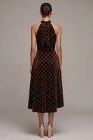 Load image into Gallery viewer, Sparkly Coffee Plaid Velvet Beaded Halter High-Low Evening Dress with Bow