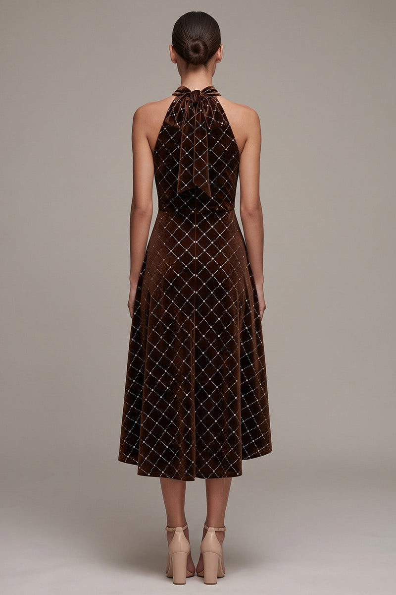 Load image into Gallery viewer, Sparkly Coffee Plaid Velvet Beaded Halter High-Low Evening Dress with Bow