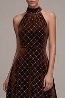 Load image into Gallery viewer, Sparkly Coffee Plaid Velvet Beaded Halter High-Low Evening Dress with Bow