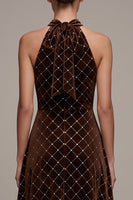 Load image into Gallery viewer, Sparkly Coffee Plaid Velvet Beaded Halter High-Low Evening Dress with Bow