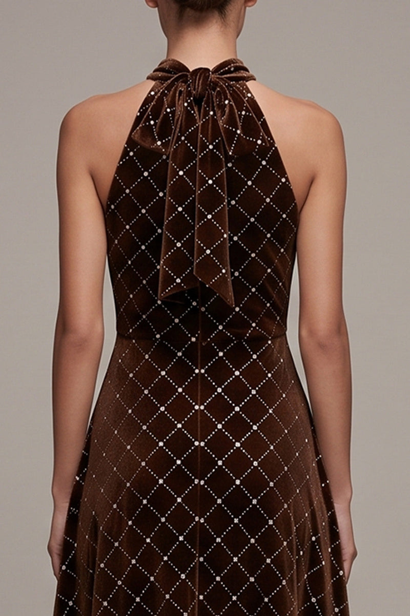 Load image into Gallery viewer, Sparkly Coffee Plaid Velvet Beaded Halter High-Low Evening Dress with Bow