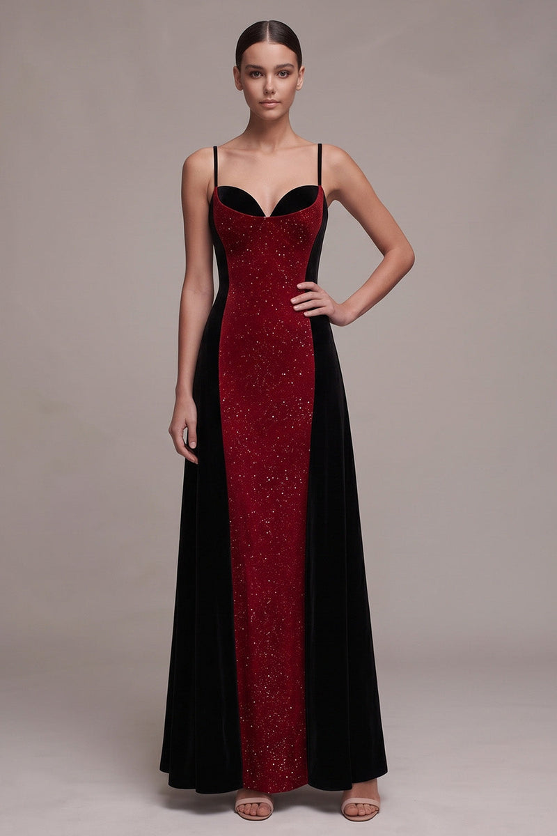 Load image into Gallery viewer, Red and Black Patchwork Sparkly Velvet A-Line Long Evening Dress
