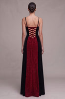 Load image into Gallery viewer, Red and Black Patchwork Sparkly Velvet A-Line Long Evening Dress