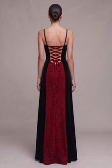 Red and Black Patchwork Sparkly Velvet A-Line Long Evening Dress
