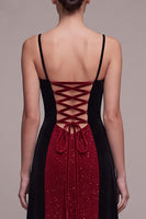 Load image into Gallery viewer, Red and Black Patchwork Sparkly Velvet A-Line Long Evening Dress