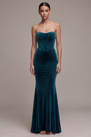 Load image into Gallery viewer, Peacock Blue Mermaid Sparkly Sweetheart Long Velvet Evening Dress
