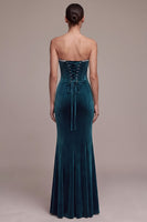 Load image into Gallery viewer, Peacock Blue Mermaid Sparkly Sweetheart Long Velvet Evening Dress
