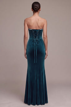 Peacock Blue Mermaid Sparkly Sweetheart Long Velvet Evening Dress