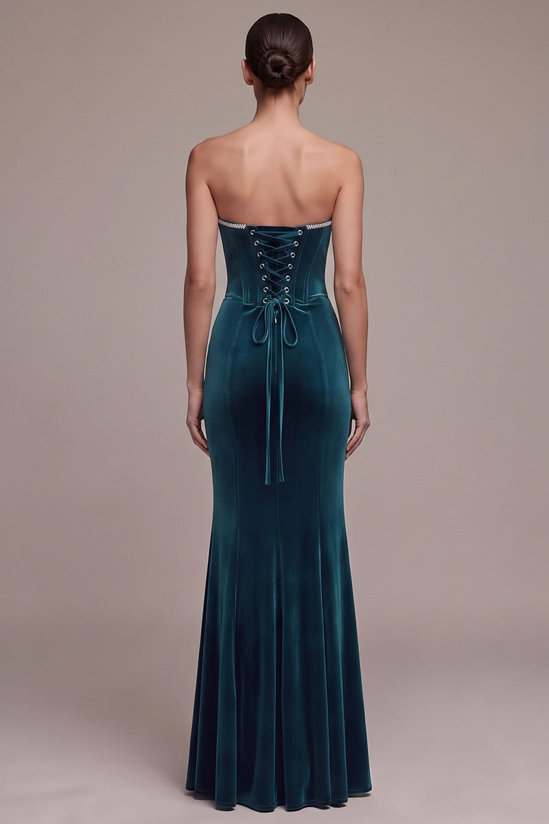 Load image into Gallery viewer, Peacock Blue Mermaid Sparkly Sweetheart Long Velvet Evening Dress