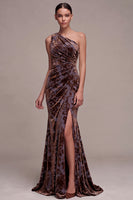 Load image into Gallery viewer, Plum Brown Mermaid Floral Long Velvet Evening Dress with Slit