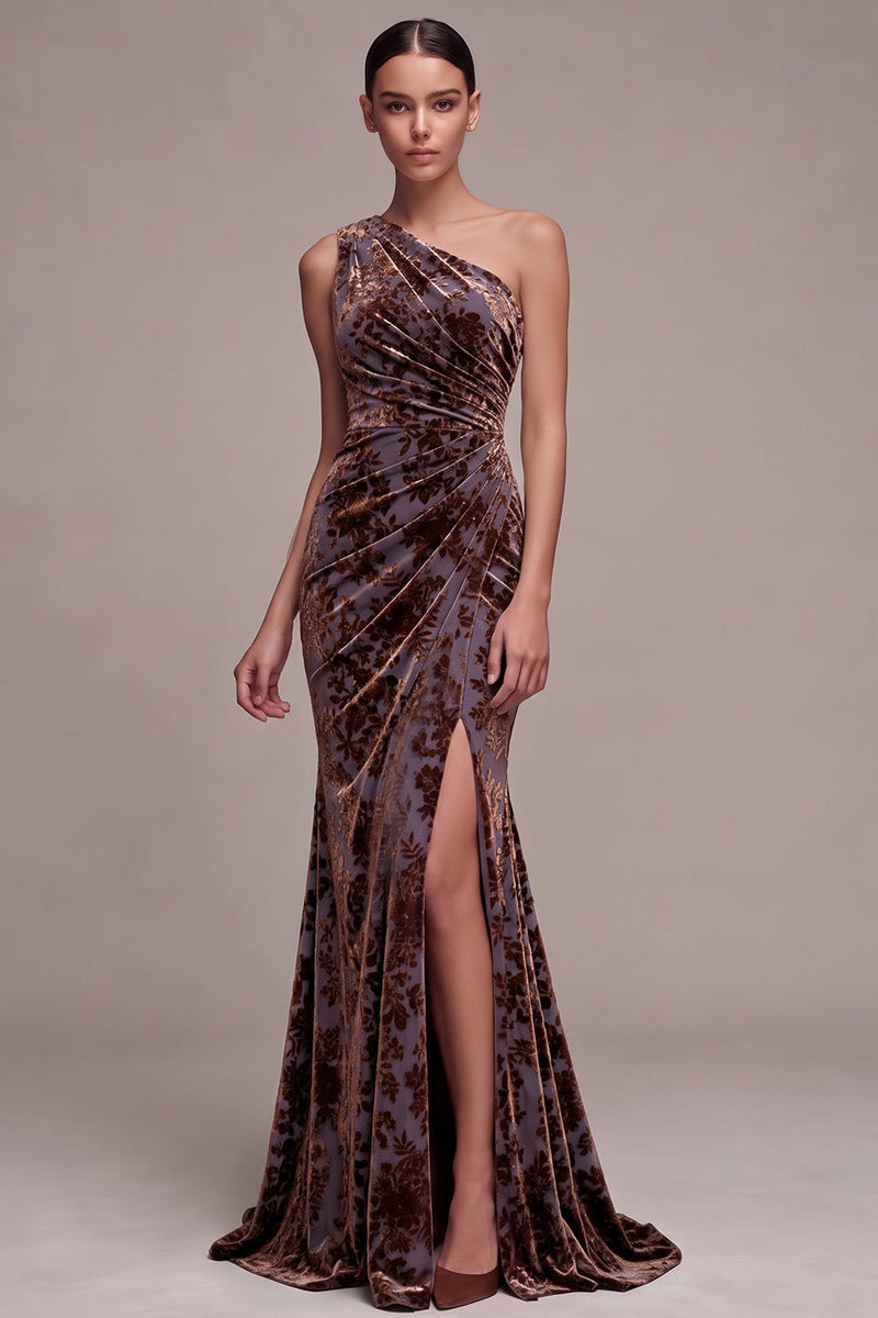 Load image into Gallery viewer, Plum Brown Mermaid Floral Long Velvet Evening Dress with Slit