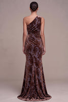 Load image into Gallery viewer, Plum Brown Mermaid Floral Long Velvet Evening Dress with Slit