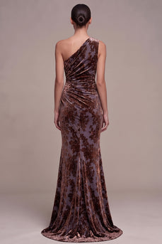 Plum Brown Mermaid Floral Long Velvet Evening Dress with Slit