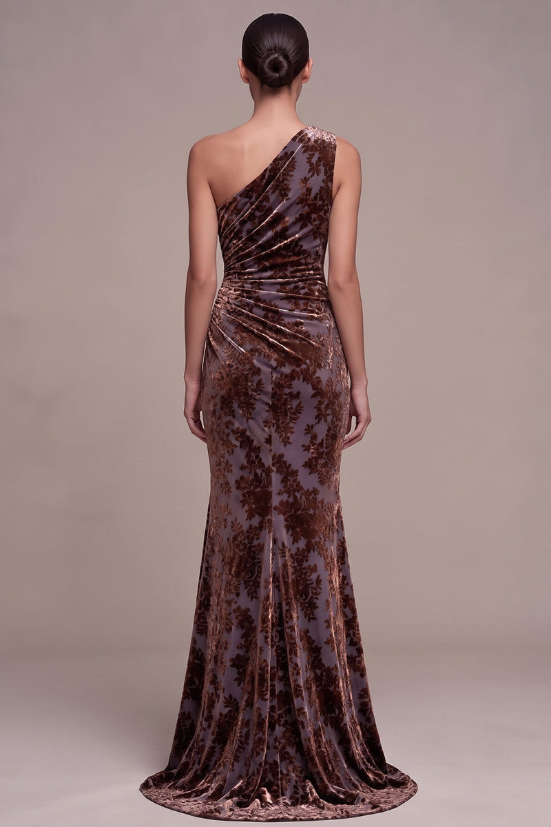 Load image into Gallery viewer, Plum Brown Mermaid Floral Long Velvet Evening Dress with Slit
