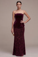 Load image into Gallery viewer, Burgundy Mermaid Ruffled Floral Long Velvet Evening Dress