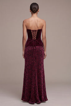 Burgundy Mermaid Ruffled Floral Long Velvet Evening Dress