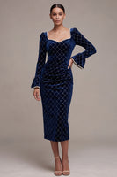 Load image into Gallery viewer, Sparkly Royal Blue Plaid Velvet Beaded Bodycon Midi Evening Dress with Pearls