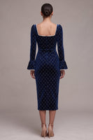 Load image into Gallery viewer, Sparkly Royal Blue Plaid Velvet Beaded Bodycon Midi Evening Dress with Pearls