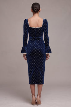 Sparkly Royal Blue Plaid Velvet Beaded Bodycon Midi Evening Dress with Pearls