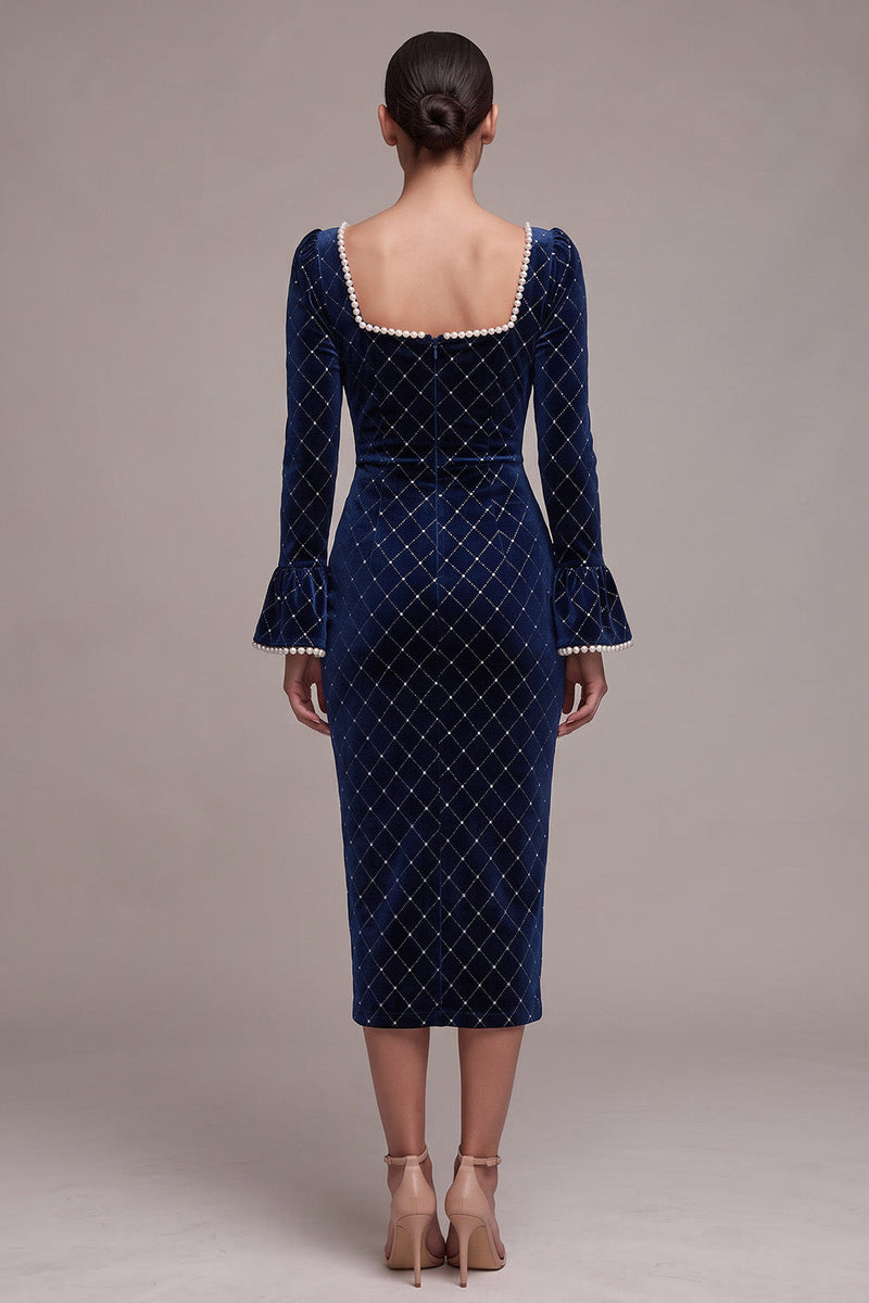 Load image into Gallery viewer, Sparkly Royal Blue Plaid Velvet Beaded Bodycon Midi Evening Dress with Pearls
