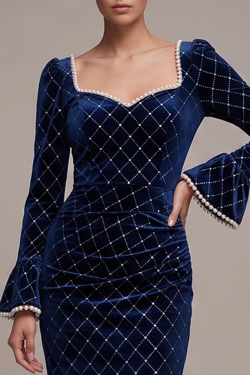 Load image into Gallery viewer, Sparkly Royal Blue Plaid Velvet Beaded Bodycon Midi Evening Dress with Pearls