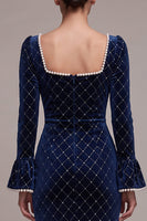 Load image into Gallery viewer, Sparkly Royal Blue Plaid Velvet Beaded Bodycon Midi Evening Dress with Pearls