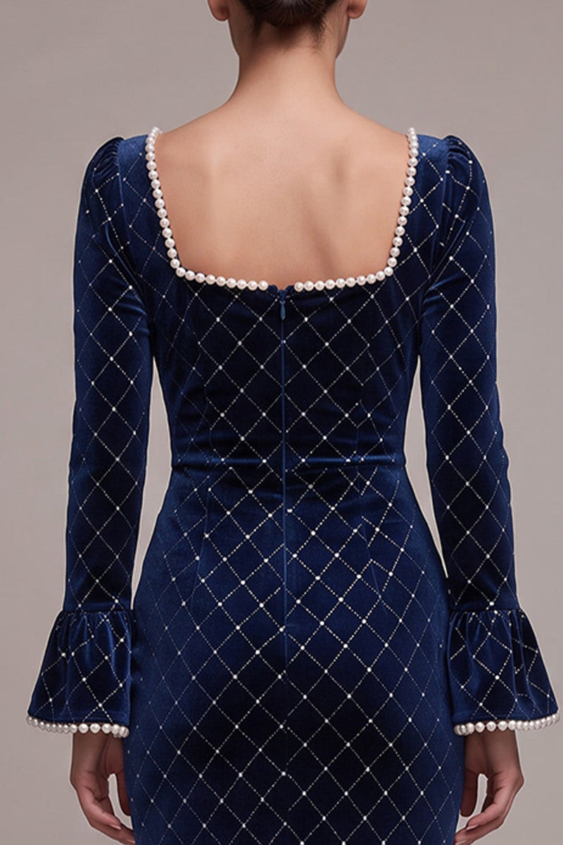 Load image into Gallery viewer, Sparkly Royal Blue Plaid Velvet Beaded Bodycon Midi Evening Dress with Pearls