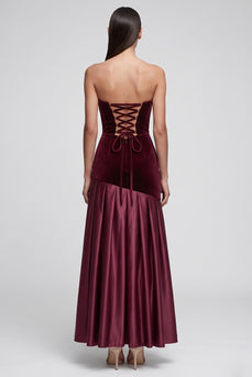 Burgundy Velvet A Line Ruched Sweetheart Long Evening Dress