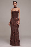 Load image into Gallery viewer, Floral Coffee Sheath Corset Sweetheart Long Formal Dress with Neck Scarf