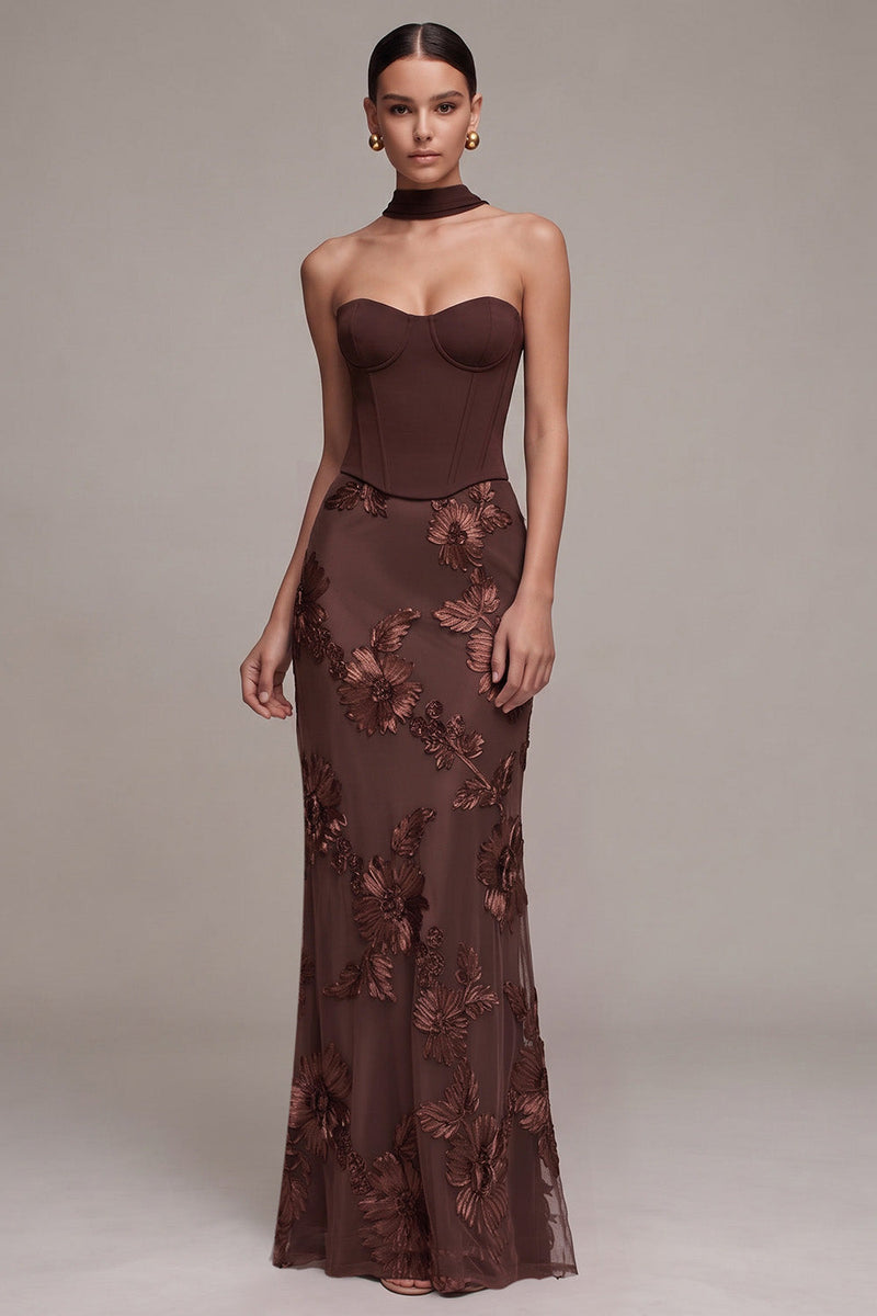 Load image into Gallery viewer, Floral Coffee Sheath Corset Sweetheart Long Formal Dress with Neck Scarf