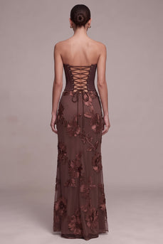Floral Coffee Sheath Corset Sweetheart Long Formal Dress with Neck Scarf