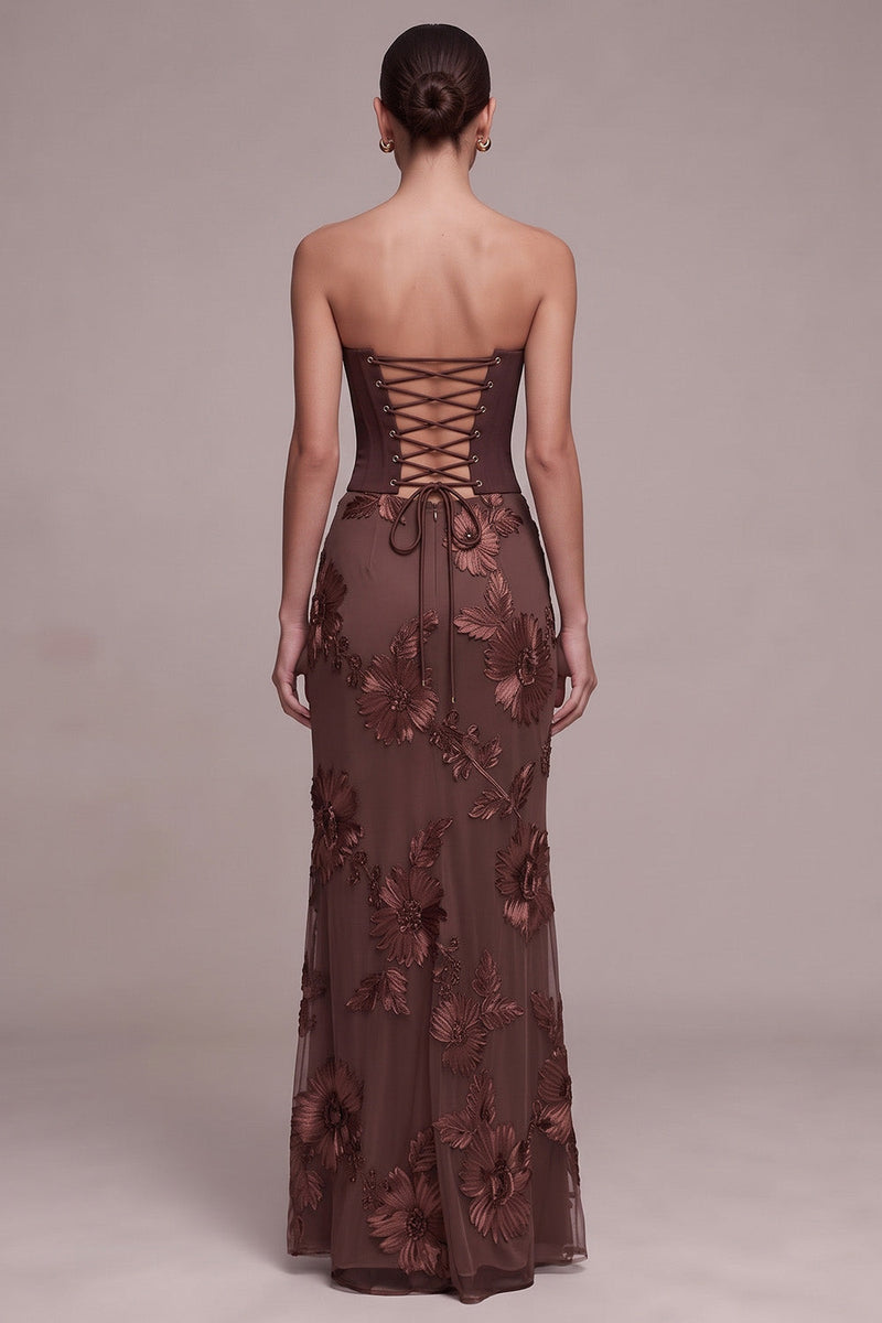 Load image into Gallery viewer, Floral Coffee Sheath Corset Sweetheart Long Formal Dress with Neck Scarf